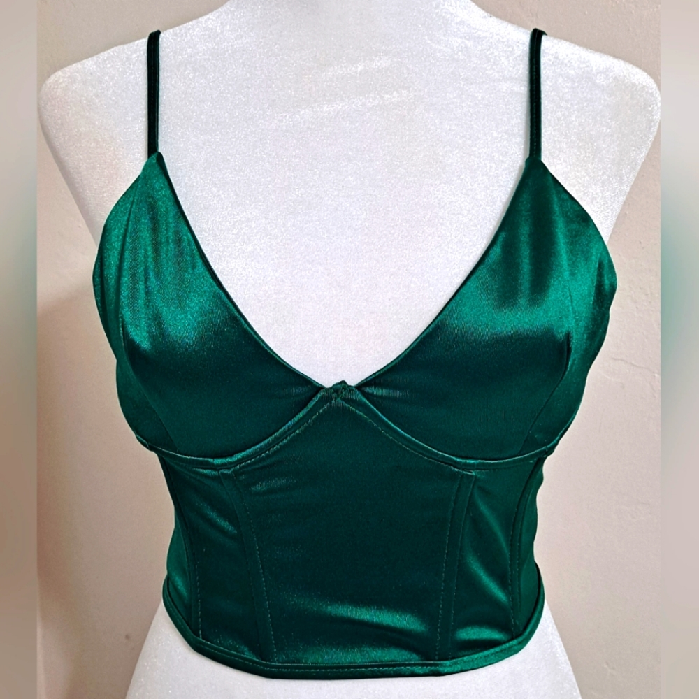 Green Satin Underwire Cami Corset Bustier Sweetheart Neck Size XS EUC